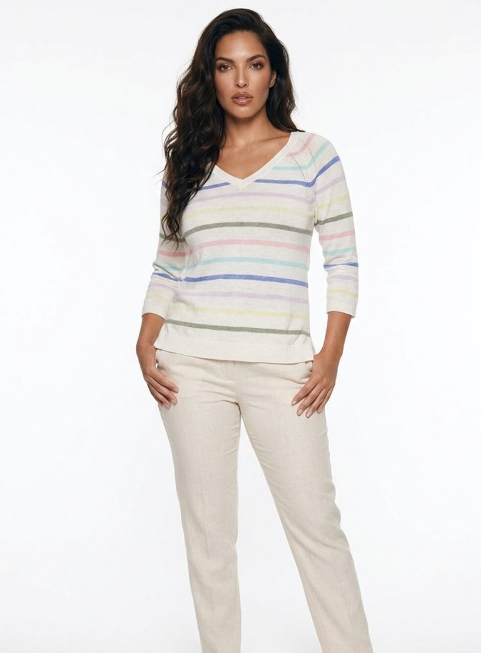 S Petite Talbots thin knit v-neck sweater, pastel rainbow, cotton